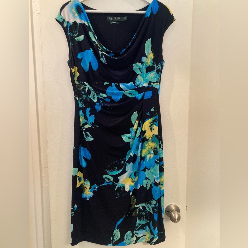 Ralph Lauren Navy Floral Cowl-Neck Midi Dress